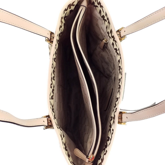 Michael Kors Jet set Signature Pocket MF Tote Brown Khaki Jacquard Leather - Picture 5 of 16